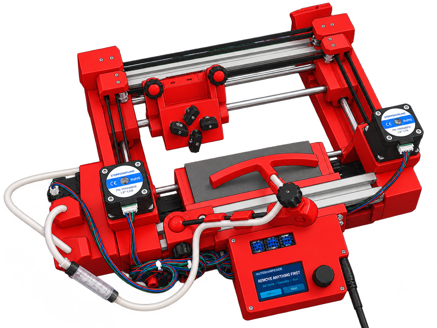 The AutoSharpener machine: red 3D-printed CoreXY frame with stepper motors, water pump and a control box with screen and knob